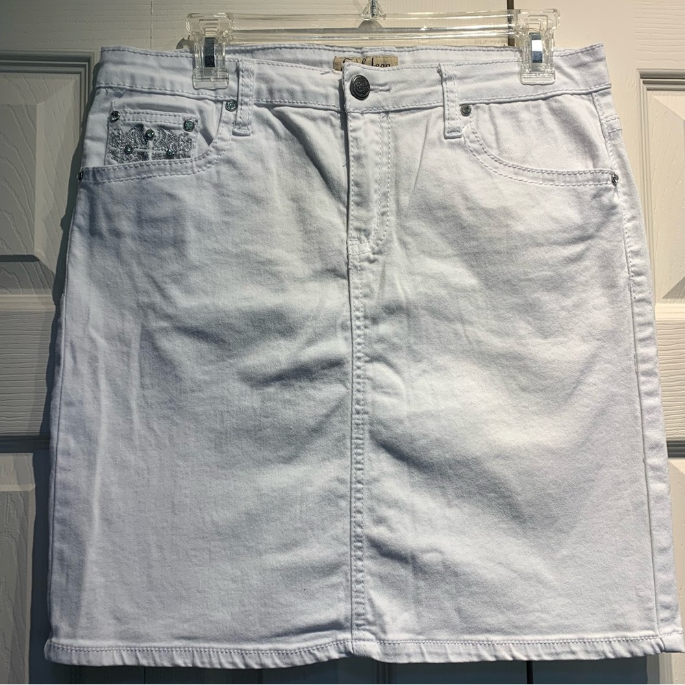 White Jean skirt with rhinestones super cute fun summer embellished